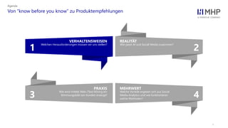 l
Von “know before you know” zu Produktempfehlungen
Agenda
43
21
Welche Vorteile ergeben sich aus Social
Media Analytics und wie funktionieren
solche Methoden?
MEHRWERT
Wie wird mittels Web-/Text Mining ein
Stimmungsbild von Kunden erzeugt?
PRAXIS
Wie passt AI und Social Media zusammen?
REALITÄT
Welchen Herausforderungen müssen wir uns stellen?
VERHALTENSWEISEN
 