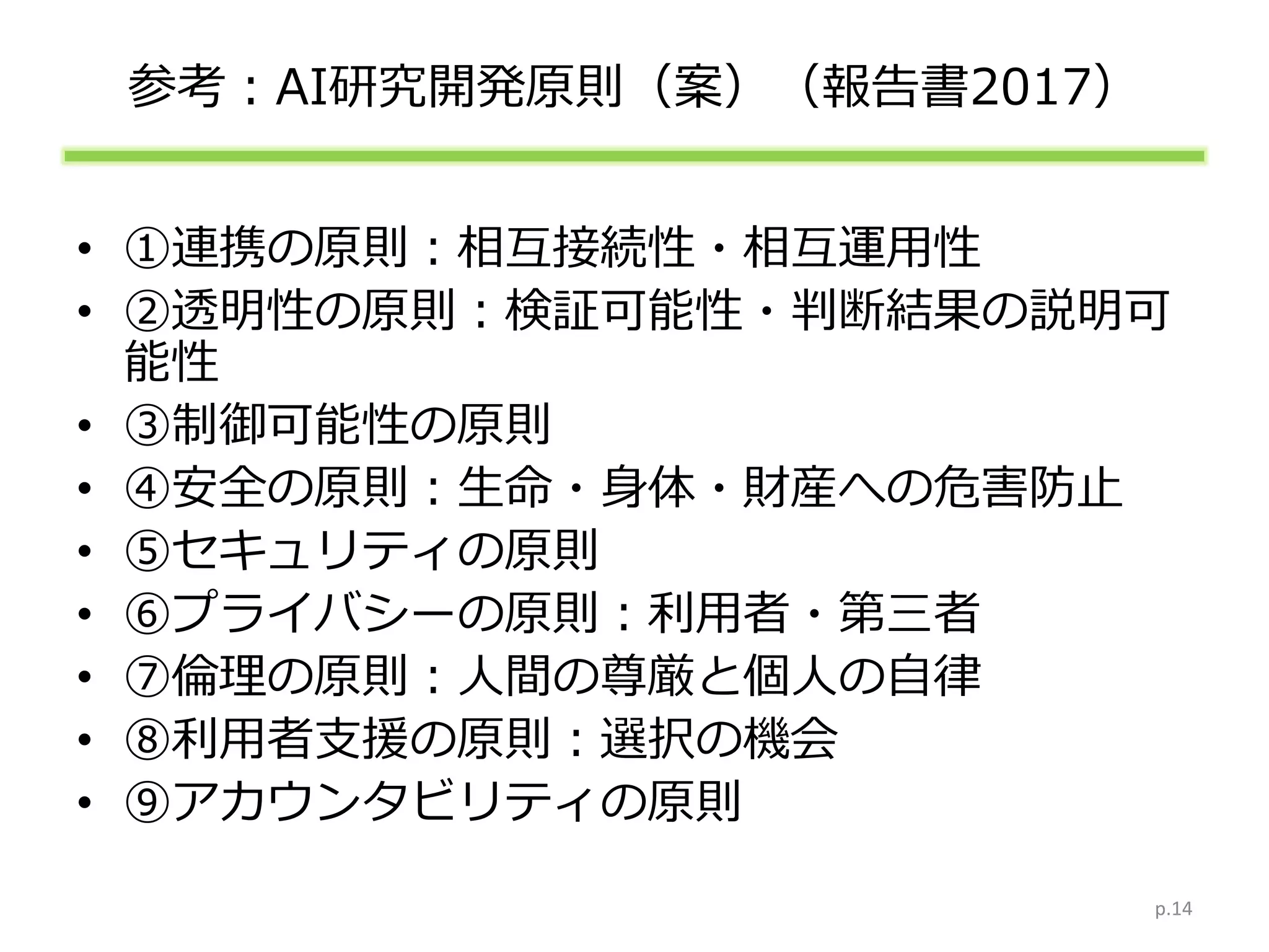 参考：AI研究開発原則（案）（報告書2017）
• ①連携の原則：相互接続性・相互運用性
• ②透明性の原則：検証可能性・判断結果の説明可
能性
• ③制御可能性の原則
• ④安全の原則：生命・身体・財産への危害防止
• ⑤セキュリティの原則
• ⑥プライバシーの原則：利用者・第三者
• ⑦倫理の原則：人間の尊厳と個人の自律
• ⑧利用者支援の原則：選択の機会
• ⑨アカウンタビリティの原則
p.14
 