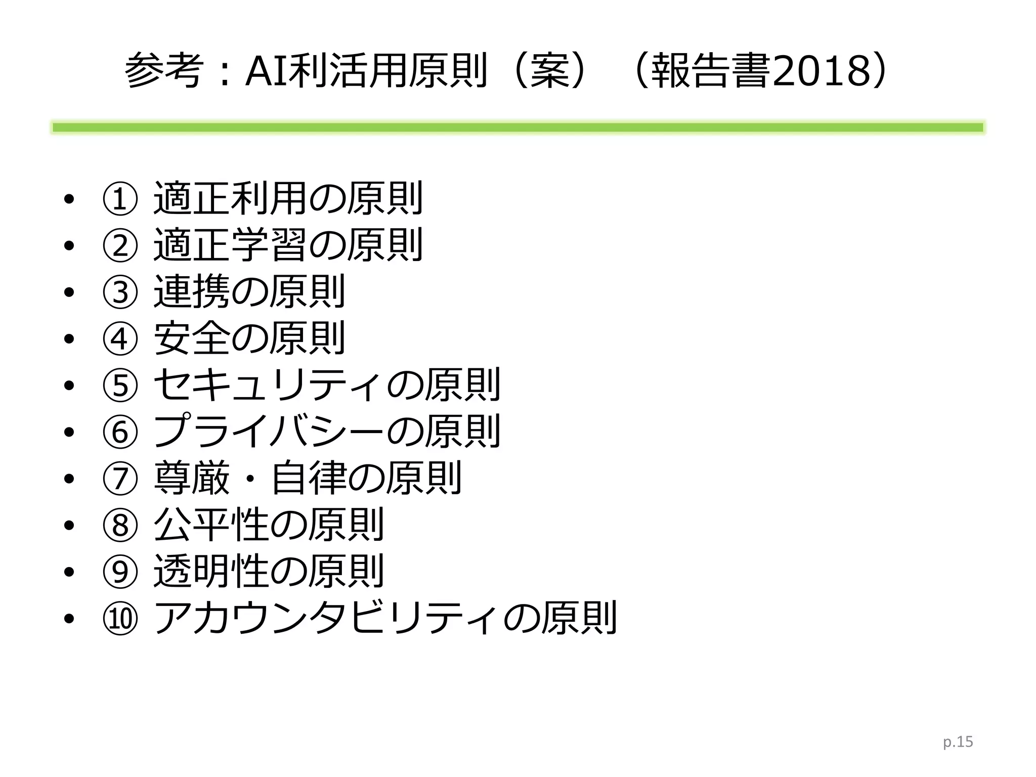 参考：AI利活用原則（案）（報告書2018）
• ① 適正利用の原則
• ② 適正学習の原則
• ③ 連携の原則
• ④ 安全の原則
• ⑤ セキュリティの原則
• ⑥ プライバシーの原則
• ⑦ 尊厳・自律の原則
• ⑧ 公平性の原則
• ⑨ 透明性の原則
• ⑩ アカウンタビリティの原則
p.15
 