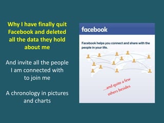 Why I have finally quit
Facebook and deleted
all the data they hold
about me
And invite all the people
I am connected with
to join me
A chronology in pictures
and charts
 