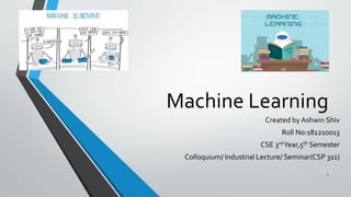 Machine Learning
Created by Ashwin Shiv
Roll No:181210013
CSE 3rdYear,5th Semester
Colloquium/ Industrial Lecture/ Seminar(CSP 311)
1
 