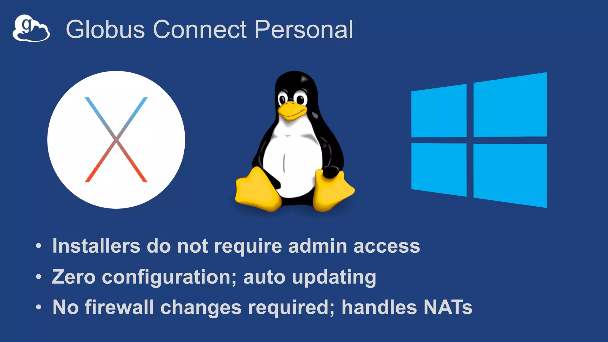 Globus Connect Personal
• Installers do not require admin access
• Zero configuration; auto updating
• No firewall changes required; handles NATs
 
