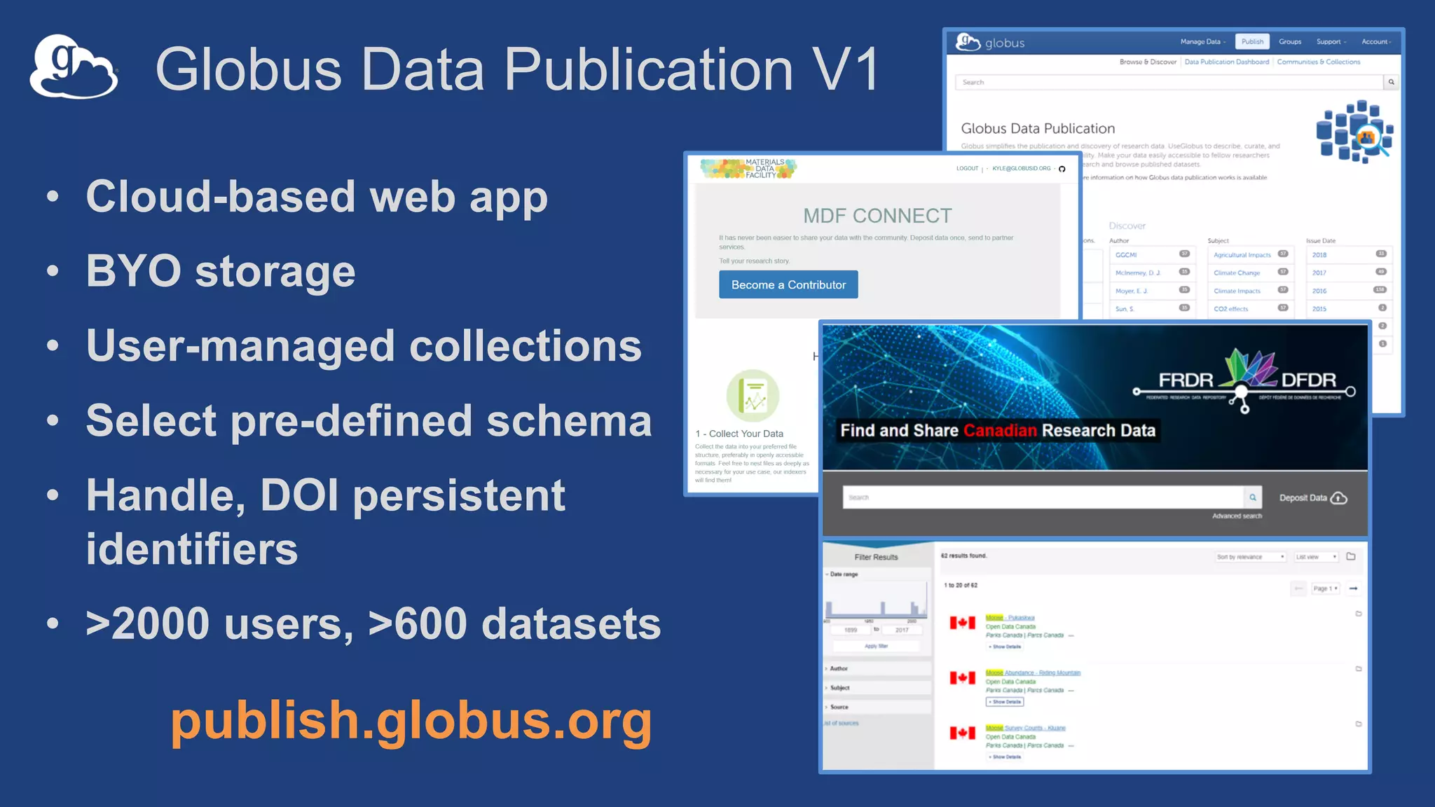 Globus Data Publication V1
• Cloud-based web app
• BYO storage
• User-managed collections
• Select pre-defined schema
• Handle, DOI persistent
identifiers
• >2000 users, >600 datasets
publish.globus.org
 