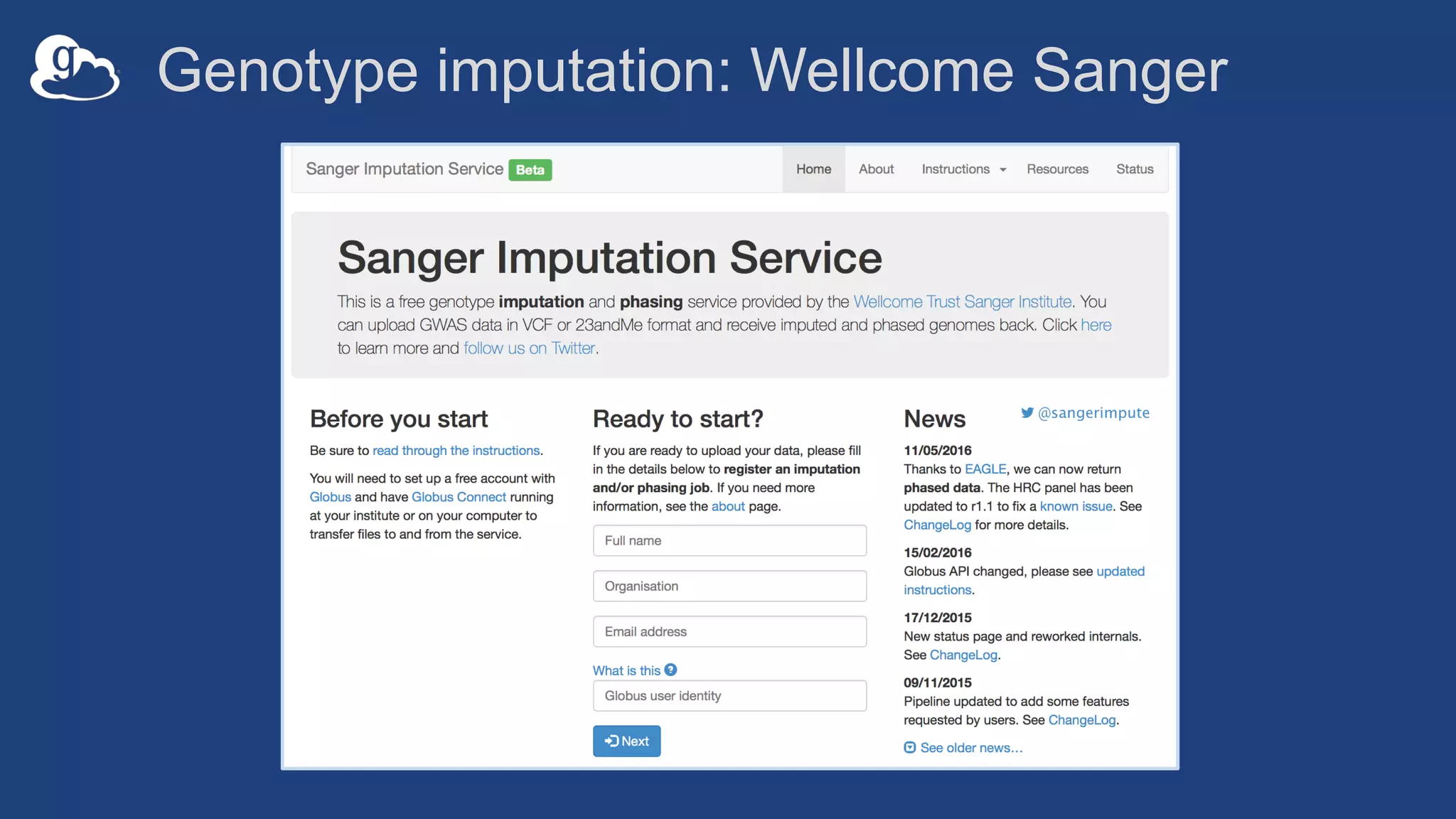 Genotype imputation: Wellcome Sanger
 