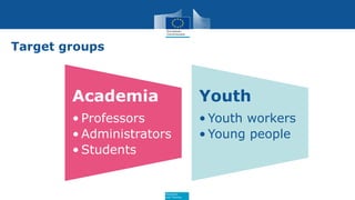 Education
and Training
Academia
• Professors
• Administrators
• Students
Youth
• Youth workers
• Young people
Target groups
 