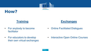 Education
and Training
How?
Training
• For anybody to become
facilitator
• For educators to develop
their own virtual exchanges
Exchanges
• Online Facilitated Dialogues
• Interactive Open Online Courses
 