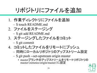 リポジトリにファイルを追加
1. 作業ディレクトリにファイルを追加
– $ touch README.md
2. ファイルをステージング
– $ git add README.md
3. ステージングしたファイルをコミット
– $ git commit
4. コミットしたファイルをリモートにプッシュ
– 同時にローカルリポジトリのアップストリーム設定
– $ git push --set-upstream origin master
• masterブランチのアップストリームをリモートリポジトリの
master（remotes/origin/master）に設定
29
 