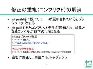修正の重複（コンフリクト）の解消
• git push時に既にリモートが更新されているとプッ
シュに失敗する
• git pullするとコンフリクト発生が通知され、対象と
なるファイルが以下のようになる
• 適切に修正し、再度コミット＆プッシュ
37
developブランチで修正
<<<<<<< HEAD
ローカルのmasterブランチで修正
=======
Webブラウザで修正
>>>>>>> fcfafd335fd5d6a4bb8938c1c2dcbe17788debf5
 