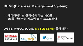 DBMS(Database Management System)
- 데이터베이스 관리/운영하는 시스템
- DB를 관리하는 시스템 또는 소프트웨어
Oracle, MySQL, SQLite, MS SQL Server 등이 있다
 