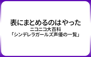 表にまとめるのはやった
ニコニコ大百科
「シンデレラガールズ声優の一覧」
 