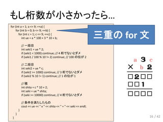 もし桁数が小さかったら…
16
a c
b
￣￣￣￣
￣￣￣￣
for (int a = 1; a <= 9; ++a) {
for (int b = 0; b <= 9; ++b) {
for (int c = 1; c <= 9; ++c) {
int ue = a * 100 + 3 * 10 + b;
// 一段目
int seki1 = ue * 2;
if (seki1 < 1000) continue; // 4 桁でないとダメ
if (seki1 / 100 % 10 != 2) continue; // 100 の位が 2
// 二段目
int seki2 = ue * c;
if (seki2 >= 1000) continue; // 3 桁でないとダメ
if (seki2 % 10 != 1) continue; // 1 の位が 1
// 積
int shita = c * 10 + 2;
int seki = ue * shita;
if (seki >= 10000) continue; // 4 桁でないとダメ
// 条件を満たしたもの
cout << ue << " x " << shita << " = " << seki << endl;
}
}
}
三重の for 文
/ 42
 