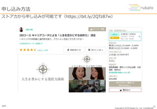 Copyright © 2018 Rubato Co., Ltd. –Confidential-
出所： 11
申し込み方法
ストアカから申し込みが可能です（https://bit.ly/2QTz87w）
 