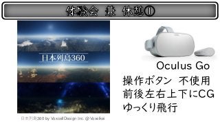 日本列島360 by VoxcellDesign Inc. @Voxelkei
操作ボタン 不使用
前後左右上下にCG
ゆっくり飛行
Oculus Go
 