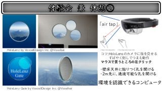 HoleLenz by VoxcellDesign Inc. @Voxelkei
HoleLenz Gate by VoxcellDesign Inc. @Voxelkei
コツ:HoloLensのカメラに指を見せる
すばやく倒してつまむ動作
マウスで言うところの左クリック
「air tap」
・壁床天井に貼りつく孔を開ける
・２ｍ先に、通過可能な孔を開ける
環境を認識できるコンピュータ
 