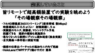 皆リモートで超高額装置での実験を眺めよう
「その場観察その場観察」
・フルHD解像度360ストリーミング（使用帯域 数Mbps）
映像遅延0.3-0.5 sくらい 射程距離１．５ m
・実験室のモニタ、実験者、マシントラブル予兆
把握できる 通訳の補助も実施済み
・危なくなったら教授にプッシュ通知送信（独自実装）
・全天録画→事件後に検証可能
・機密の仕事はバーチャルの追加モニタ内で完結
・HoloLensでWPFアプリ動かすだけ 簡単
↓2018/10/ 6 Tokyo HoloLens
ミートアップ vol.10
 