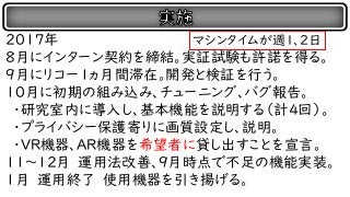 ２０１７年
８月にインターン契約を締結。実証試験も許諾を得る。
９月にリコー１ヵ月間滞在。開発と検証を行う。
１０月に初期の組み込み、チューニング、バグ報告。
・研究室内に導入し、基本機能を説明する（計４回）。
・プライバシー保護寄りに画質設定し、説明。
・VR機器、AR機器を希望者に貸し出すことを宣言。
１１～１２月 運用法改善、９月時点で不足の機能実装。
1月 運用終了 使用機器を引き揚げる。
マシンタイムが週１、２日
 