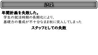 年間計画を失敗した。
学生の就活時期の長期化により、
基礎力の養成が不十分なまま秋に突入してしまった
スタッフとしての失敗
 