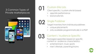 3 Common Types of 
Private Marketplaces 
Custom Site Lists 
Client specific / custom site-list based 
• app/site performance 
• brand-safe lists 
Single Publisher 
Content / Audience Specific 
Packaged apps/sites based on specific 
content or audience characteristics 
• entertainment, music sports 
• men’s lifestyle, parenting/moms 
01 
02 
03 
Target inventory from individual publishers 
• unique placements 
• only available programmatically in a PMP 
 