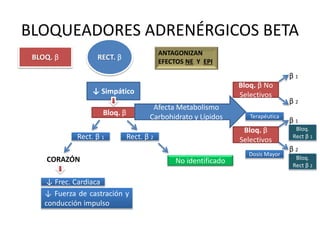 BLOQUEADORES ADRENÉRGICOS BETA
BLOQ. β RECT. β
ANTAGONIZAN
EFECTOS NE Y EPI
↓ Simpático
Bloq. β
Afecta Metabolismo
Carbohidrato y Lípidos
Rect. β 1 Rect. β 2
CORAZÓN No identificado
↓ Frec. Cardiaca
↓ Fuerza de castración y
conducción impulso
Bloq. β No
Selectivos
Bloq. β
Selectivos
β 1
β 1
β 2
β 2
Terapéutica
Dosis Mayor
Bloq.
Rect β 1
Bloq.
Rect β 2
 