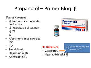 Propanolol – Primer Bloq. β
Efectos Adversos
• ↓Frecuencia y fuerza de
contracción
• ↓ Velocidad del corazón
• ↓ TA
• GI
• Afecta funciones cardiaca
• ICC
• IRA
• Son dolencia
• Depresión metal
• Alteración SNC
Tto Benéficos
• Vasculares
• Hiperactividad SNS
↓ El esfuerzo del corazón
↓ Consumo de O2
 