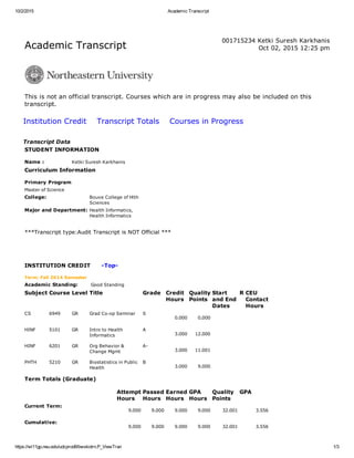 10/2/2015 Academic Transcript
https://wl11gp.neu.edu/udcprod8/bwskotrn.P_ViewTran 1/3
Academic Transcript
 
001715234 Ketki Suresh Karkhanis
Oct 02, 2015 12:25 pm
 
This is not an official transcript. Courses which are in progress may also be included on this
transcript.
Institution Credit    Transcript Totals    Courses in Progress
Transcript Data
STUDENT INFORMATION
Name : Ketki Suresh Karkhanis
Curriculum Information
Primary Program
Master of Science
College: Bouve College of Hlth
Sciences
Major and Department: Health Informatics,
Health Informatics
 
***Transcript type:Audit Transcript is NOT Official ***
 
 
 
INSTITUTION CREDIT      ­Top­
Term: Fall 2014 Semester
Academic Standing: Good Standing
Subject Course Level Title Grade Credit
Hours
Quality
Points
Start
and End
Dates
R CEU
Contact
Hours
CS 6949 GR Grad Co­op Seminar S
0.000 0.000
     
HINF 5101 GR Intro to Health
Informatics
A
3.000 12.000
     
HINF 6201 GR Org Behavior &
Change Mgmt
A­
3.000 11.001
     
PHTH 5210 GR Biostatistics in Public
Health
B
3.000 9.000
     
Term Totals (Graduate)
  Attempt
Hours
Passed
Hours
Earned
Hours
GPA
Hours
Quality
Points
GPA
Current Term:
9.000 9.000 9.000 9.000 32.001 3.556
Cumulative:
9.000 9.000 9.000 9.000 32.001 3.556
 