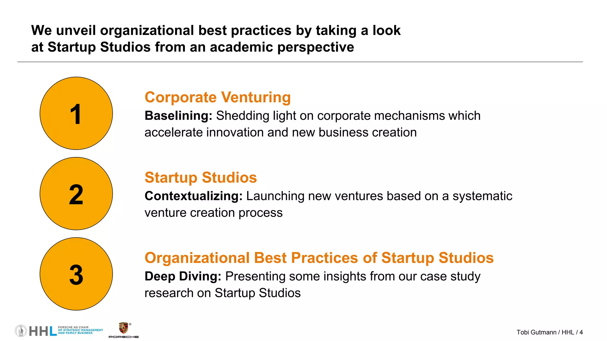 Tobi Gutmann / HHL / 4
We unveil organizational best practices by taking a look
at Startup Studios from an academic perspective
1
Corporate Venturing
Baselining: Shedding light on corporate mechanisms which
accelerate innovation and new business creation
2
Startup Studios
Contextualizing: Launching new ventures based on a systematic
venture creation process
3
Organizational Best Practices of Startup Studios
Deep Diving: Presenting some insights from our case study
research on Startup Studios
 