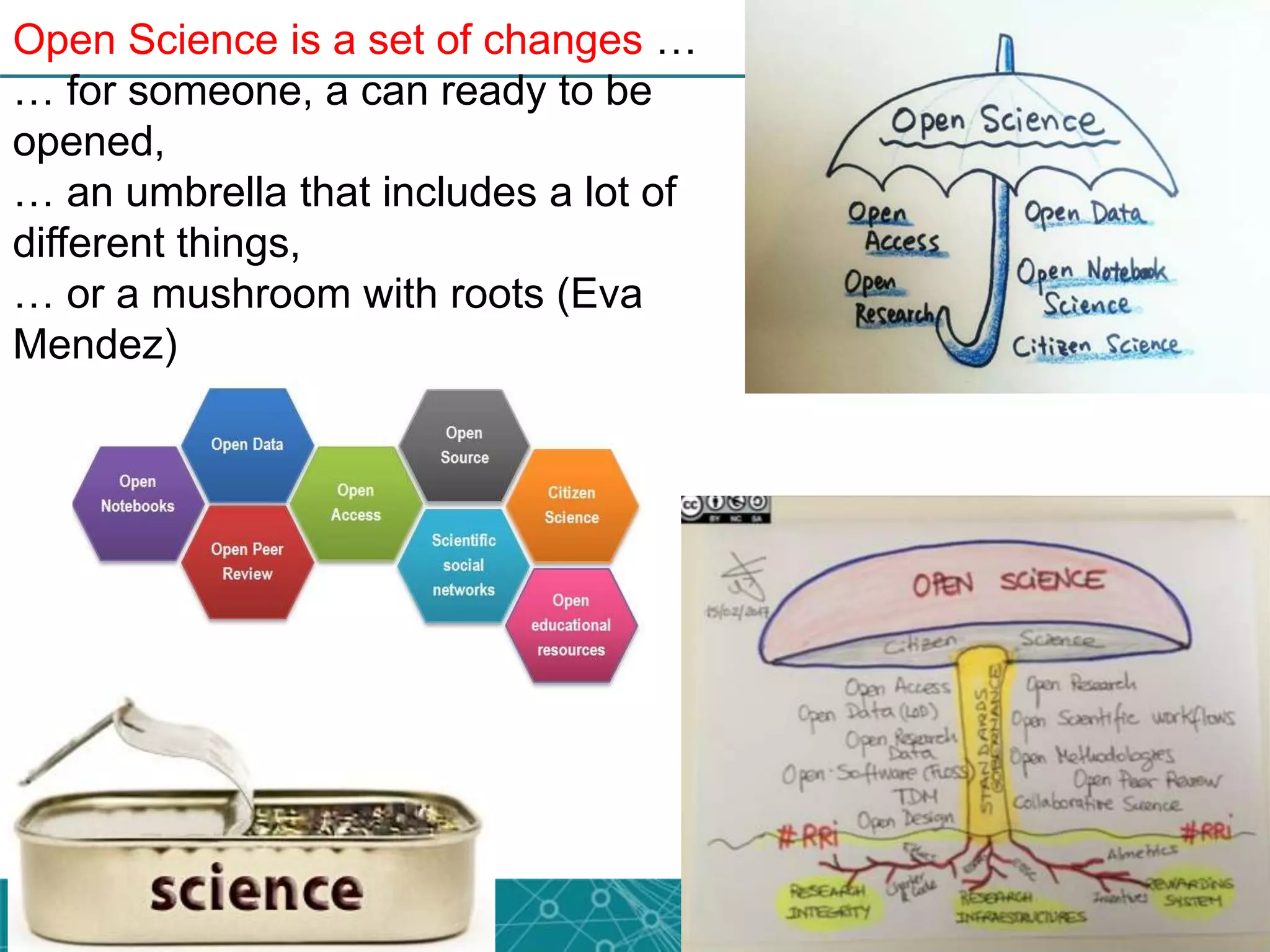 Open Science is a set of changes …
… for someone, a can ready to be
opened,
… an umbrella that includes a lot of
different things,
… or a mushroom with roots (Eva
Mendez)
 