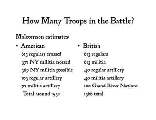 How Many Troops in the Battle?
Malcomson estimates:
•  American
613 regulars crossed
371 NY militia crossed
369 NY militia...