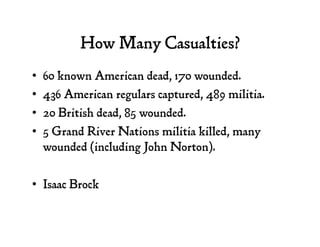 How Many Casualties?
•  60 known American dead, 170 wounded.
•  436 American regulars captured, 489 militia.
•  20 British...