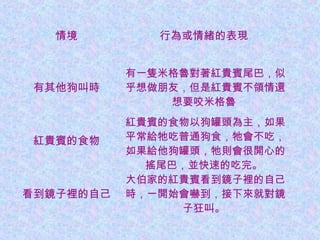 情境 行為或情緒的表現
有其他狗叫時
有一隻米格魯對著紅貴賓尾巴，似
乎想做朋友，但是紅貴賓不領情還
想要咬米格魯
紅貴賓的食物
紅貴賓的食物以狗罐頭為主，如果
平常給牠吃普通狗食，牠會不吃，
如果給他狗罐頭，牠則會很開心的
搖尾巴，並快速的吃完。
看到鏡子裡的自己
大伯家的紅貴賓看到鏡子裡的自己
時，一開始會嚇到，接下來就對鏡
子狂叫。
 