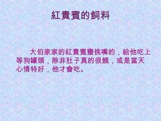 紅貴賓的飼料
大伯家家的紅貴賓蠻挑嘴的，給他吃上
等狗罐頭，除非肚子真的很餓，或是當天
心情特好，他才會吃。
 