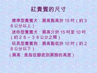 紅貴賓的尺寸
標準型貴賓犬：肩高點高於 15 吋（約３
８公分以上）
迷你型貴賓犬：肩高介於 15 吋至 10 吋
（約２８～３８公分之間）
玩具型貴賓狗：肩高點低於 10 吋（約２
８公分以下）
( 肩高 : 是指從腳底到肩膀的高度 )
 