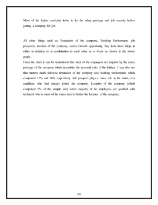 64
Most of the Indian candidate looks in for the salary package and job security before
joining a company for job.
All other things such as Reputation of the company, Working Environment, job
prospects, location of the company, career Growth opportunity, they look these things in
either in isolation or in combination to each other as a whole as shown in the above
graph:
From the chart it can be understood that most of the employees are inspired by the salary
package of the company which resembles the personal traits of the Indians. 1 can also see
that matters much followed reputation of the company and working environment, which
comprised 17% and 16% respectively. Job prospect plays a minor role in the minds of a
candidate who had already joined the company. Location of the company (which
comprised 5% of the sample size) where majority of the employees are qualified with
technical who in most of the cases dare to bother the location of the company.
 