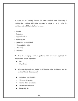 86
7. Which of the following variables are more important while considering a
candidate for a particular job? Please rank them on a scale of 1 to 8, 1 being the
most important and 8 being the least important.
 Potential
 Motivation
 Organizational Fit
 Technical Skill
 Leadership (If appropriate)
 Communication skills
 Personality
 Innovative
8. Does the company consider graduates with experience equivalent to
postgraduates without experience?
 Yes
 No, why not
9. When recruiting staff from outside the organization, what methods do you use
to attract/identify the candidates?
 Advertising in newspapers
 Government agencies
 External firms (consultants)
 Professional institutions
 Internet job site
 