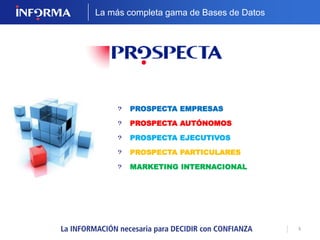 3 
La más completa gama de Bases de Datos 
PROSPECTA EMPRESAS 
PROSPECTA AUTÓNOMOS 
PROSPECTA EJECUTIVOS 
PROSPECTA PARTICULARES 
MARKETING INTERNACIONAL 
 