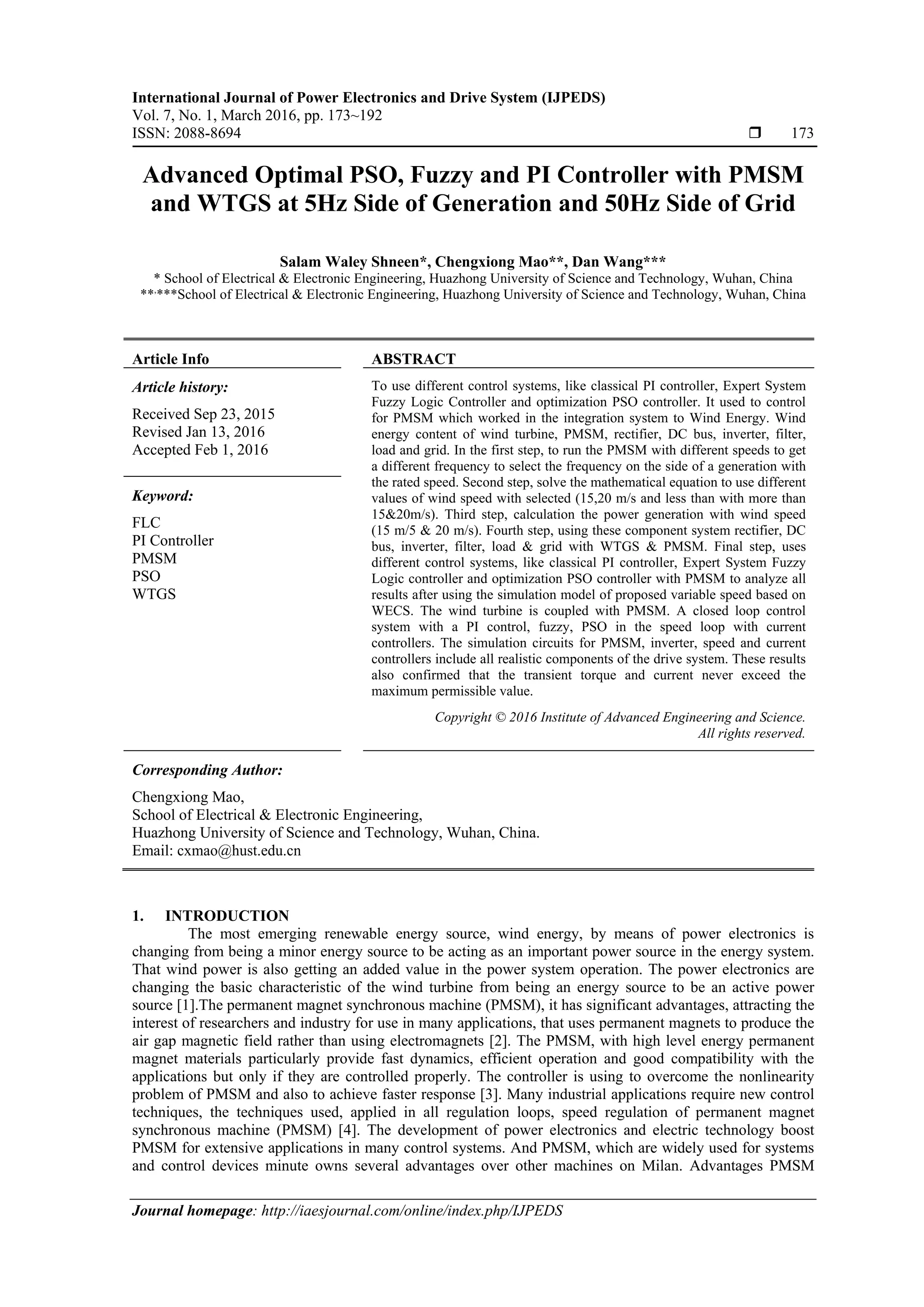 Advanced Optimal PSO, Fuzzy and PI Controller with PMSM and WTGS at 5Hz ...