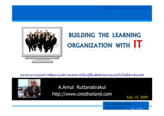 Building the Learning Organization with IT




แนวทางวางแผนการพัฒนาองคการแหงการเรียนรูชั้นเลิศดวยระบบเทคโนโลยีสารสนเทศ


                      A.Arnut Ruttanatirakul
                   http://www.cmsthailand.com
                                                                           July 14, 2009
                                                    A.Arnut Ruttanatirakul
                                                    http://www.arnut.com
                                                                             July, 14 2009
 