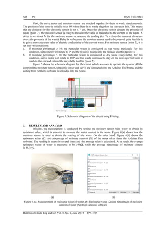  ISSN: 2302-9285
Bulletin of Electr Eng and Inf, Vol. 8, No. 2, June 2019 : 499 – 505
502
Next, the servo motor and moisture sensor are attached together for them to work simultaneously.
The position of the servo is initially set at 90⁰ when there is no waste placed on the conveyor belt. This means
that the distance for the ultrasonic sensor is not ≤ 7 cm. Once the ultrasonic sensor detects the presence of
waste (point 2), the moisture sensor is ready to measure the value of resistance to the current of the waste. A
delay is set about 7s for the moisture sensor to measure the reading (i.e. 7s is from the moment ultrasonic
detect the presence of the waste). Delay is set because the moisture sensor need to be pressed quite hard for it
to gain a more accurate value of electric conductivity of the current waste. For moisture sensor (point 3), it is
set into two conditions:
a. If moisture_percentage ≥ 10; the particular waste is considered as wet waste (residual). For this
condition, servo motor will rotate to 0⁰ and the waste is pushed into the residual dustbin (point 4).
b. If moisture_percentage ≤ 10; the particular waste is considered as dry waste (recyclable). For this
condition, servo motor will rotate to 180⁰ and the waste continued to stay on the conveyor belt until it
reach to the end and entered the recyclable dustbin (point 5).
Figure 5 shows the schematic diagram for the circuit which was used to operate the system. All the
components; moisture sensor, ultrasonic sensor and servo are connected onto the Arduino Uno board, and the
coding from Arduino software is uploaded into the board.
Figure 5. Schematic diagram of the circuit using Fritzing
3. RESULTS AND ANALYSIS
Initially, the measurement is conducted by testing the moisture sensor with water to obtain its
resistance value, which is essential to measure the water content in the waste. Figure 6(a) shows how the
moisture sensor is used to obtain the reading of the water. On the other hand, Figure 6(b) shows the
resistance value (Ω) and percentage of moisture content (%) of the water taken from the Arduino Uno
software. The reading is taken for several times and the average value is calculated. As a result, the average
resistance value of water is measured to be 544Ω, while the average percentage of moisture content
is 46.75%.
(a) (b)
Figure 6. (a) Measurement of resistance value of water, (b) Resistance value (Ω) and percentage of moisture
content of water (%) from Arduino software
 
