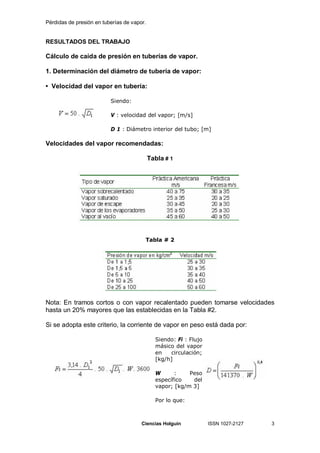 Pérdidas de presión en tuberías de vapor.


RESULTADOS DEL TRABAJO

Cálculo de caída de presión en tuberías de vapor.

1. Determinación del diámetro de tubería de vapor:

• Velocidad del vapor en tubería:

                          Siendo:

                          V : velocidad del vapor; [m/s]

                          D 1 : Diámetro interior del tubo; [m]

Velocidades del vapor recomendadas:

                                            Tabla # 1




                                        Tabla # 2




Nota: En tramos cortos o con vapor recalentado pueden tomarse velocidades
hasta un 20% mayores que las establecidas en la Tabla #2.

Si se adopta este criterio, la corriente de vapor en peso está dada por:

                                              Siendo: Fi : Flujo
                                              másico del vapor
                                              en   circulación;
                                              [kg/h]

                                              W      :    Peso
                                              específico   del
                                              vapor; [kg/m 3]

                                              Por lo que:



                                       Ciencias Holguín            ISSN 1027-2127   3
 