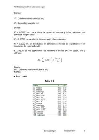 Pérdidas de presión en tuberías de vapor.


Siendo:

   : Diámetro interior del tubo [m].

K' : Rugosidad absoluta [m].

Donde:

K' = 0,0002 mm; para tubos de acero sin costura y tubos soldados con
corrosión insignificante.

K' = 0,00067 m; para tubos de acero viejo y herrumbrosos.

K' = 0,0002 m; en oleoductos en condiciones medias de explotación y en
conductos de vapor saturado.

5. Cálculo de los coeficientes de resistencia locales (Ki) en codos, tee y
válvulas:




Donde:
D 1 : Diámetro interior del tubería; [m]
Siendo:

• Para codos:

                                        Tabla # 3




                                       Ciencias Holguín   ISSN 1027-2127   5
 