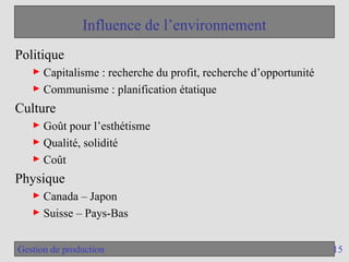 15
Gestion de production
Influence de l’environnement
Politique
► Capitalisme : recherche du profit, recherche d’opportunité
► Communisme : planification étatique
Culture
► Goût pour l’esthétisme
► Qualité, solidité
► Coût
Physique
► Canada – Japon
► Suisse – Pays-Bas
 