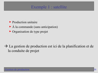 34
Gestion de production
Exemple 1 : satellite
► Production unitaire
► À la commande (sans anticipation)
► Organisation de type projet
 La gestion de production est ici de la planification et de
la conduite de projet
 