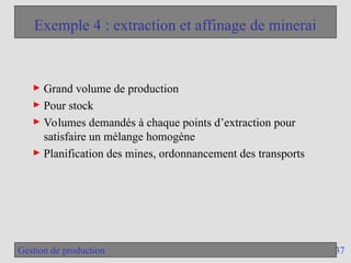 37
Gestion de production
Exemple 4 : extraction et affinage de minerai
► Grand volume de production
► Pour stock
► Volumes demandés à chaque points d’extraction pour
satisfaire un mélange homogène
► Planification des mines, ordonnancement des transports
 