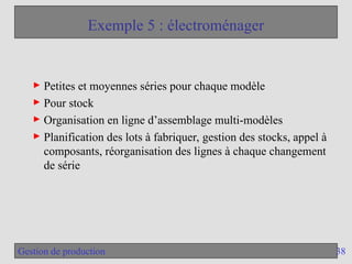 38
Gestion de production
Exemple 5 : électroménager
► Petites et moyennes séries pour chaque modèle
► Pour stock
► Organisation en ligne d’assemblage multi-modèles
► Planification des lots à fabriquer, gestion des stocks, appel à
composants, réorganisation des lignes à chaque changement
de série
 