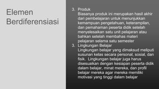 Elemen
Berdiferensiasi
3. Produk
Biasanya produk ini merupakan hasil akhir
dari pembelajaran untuk menunjukkan
kemampuan pengetahuan, keterampilan,
dan pemahaman peserta didik setelah
menyelesaikan satu unit pelajaran atau
bahkan setelah membahas materi
pelajaran selama satu semester
3. Lingkungan Belajar
Lingkungan belajar yang dimaksud meliputi
susunan kelas secara personal, sosial, dan
fisik. Lingkungan belajar juga harus
disesuaikan dengan kesiapan peserta didik
dalam belajar, minat mereka, dan profil
belajar mereka agar mereka memiliki
motivasi yang tinggi dalam belajar
 