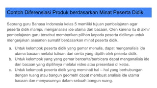 Contoh Diferensiasi Produk berdasarkan Minat Peserta Didik
Seorang guru Bahasa Indonesia kelas 5 memiliki tujuan pembelajaran agar
peserta didik mampu menganalisis ide utama dari bacaan. Oleh karena itu di akhir
pembelajaran guru tersebut memberikan pilihan kepada peserta didiknya untuk
mengerjakan asesmen sumatif berdasarkan minat peserta didik.
a. Untuk kelompok peserta didik yang gemar menulis, dapat menganalisis ide
utama bacaan melalui tulisan dari cerita yang dipilih oleh peserta didik.
b. Untuk kelompok yang yang gemar bercerita/berbicara dapat menganalisis ide
dari bacaan yang dipilihnya melalui video atau presentasi di kelas.
c. Untuk kelompok peserta didik yang meminati hal – hal yang berhubungan
dengan ruang atau bangun geometri dapat membuat analisis ide utama
bacaan dan menyusunnya dalam sebuah bangun ruang.
 