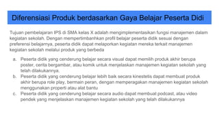 Diferensiasi Produk berdasarkan Gaya Belajar Peserta Didi
Tujuan pembelajaran IPS di SMA kelas X adalah mengimplementasikan fungsi manajemen dalam
kegiatan sekolah. Dengan mempertimbanhkan profil belajar peserta didik sesuai dengan
preferensi belajarnya, peserta didik dapat melaporkan kegiatan mereka terkait manajemen
kegiatan sekolah melalui produk yang berbeda
a. Peserta didik yang cenderung belajar secara visual dapat memilih produk akhir berupa
poster, cerita bergambar, atau komik untuk menjelaskan manajemen kegiatan sekolah yang
telah dilakukannya.
b. Peserta didik yang cenderung belajar lebih baik secara kinestetis dapat membuat produk
akhir berupa role play, bermain peran, dengan memperagakan manajemen kegiatan sekolah
menggunakan properti atau alat bantu
c. Peserta didik yang cenderung belajar secara audio dapat membuat podcast, atau video
pendek yang menjelaskan manajemen kegiatan sekolah yang telah dilakukannya
 