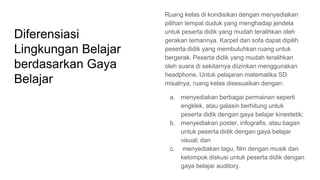 Diferensiasi
Lingkungan Belajar
berdasarkan Gaya
Belajar
Ruang kelas di kondisikan dengan menyediakan
pilihan tempat duduk yang menghadap jendela
untuk peserta didik yang mudah teralihkan oleh
gerakan temannya. Karpet dan sofa dapat dipilih
peserta didik yang membutuhkan ruang untuk
bergerak. Peserta didik yang mudah teralihkan
oleh suara di sekitarnya diizinkan menggunakan
headphone. Untuk pelajaran matematika SD
misalnya, ruang kelas disesuaikan dengan:
a. menyediakan berbagai permainan seperti
engklek, atau galasin berhitung untuk
peserta didik dengan gaya belajar kinestetik;
b. menyediakan poster, infografis, atau bagan
untuk peserta didik dengan gaya belajar
visual; dan
c. menyediakan lagu, film dengan musik dan
kelompok diskusi untuk peserta didik dengan
gaya belajar auditory.
 