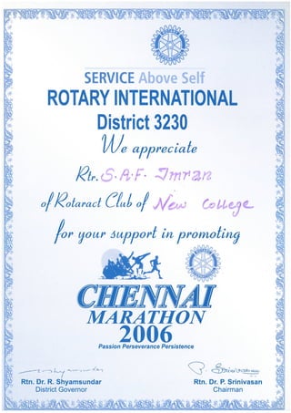 Imran SAF - The New College (PV50269) District Rotary International Certificate March-06