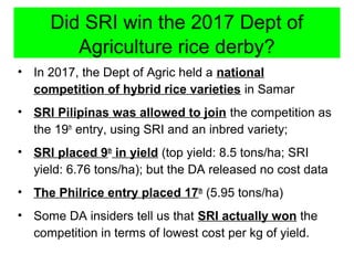 • In 2017, the Dept of Agric held a national
competition of hybrid rice varieties in Samar
• SRI Pilipinas was allowed to ...